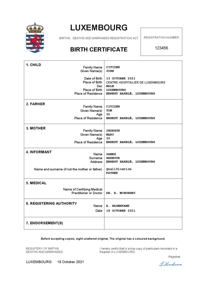 Luxembourg birth certificate Word and PDF template, completely editable