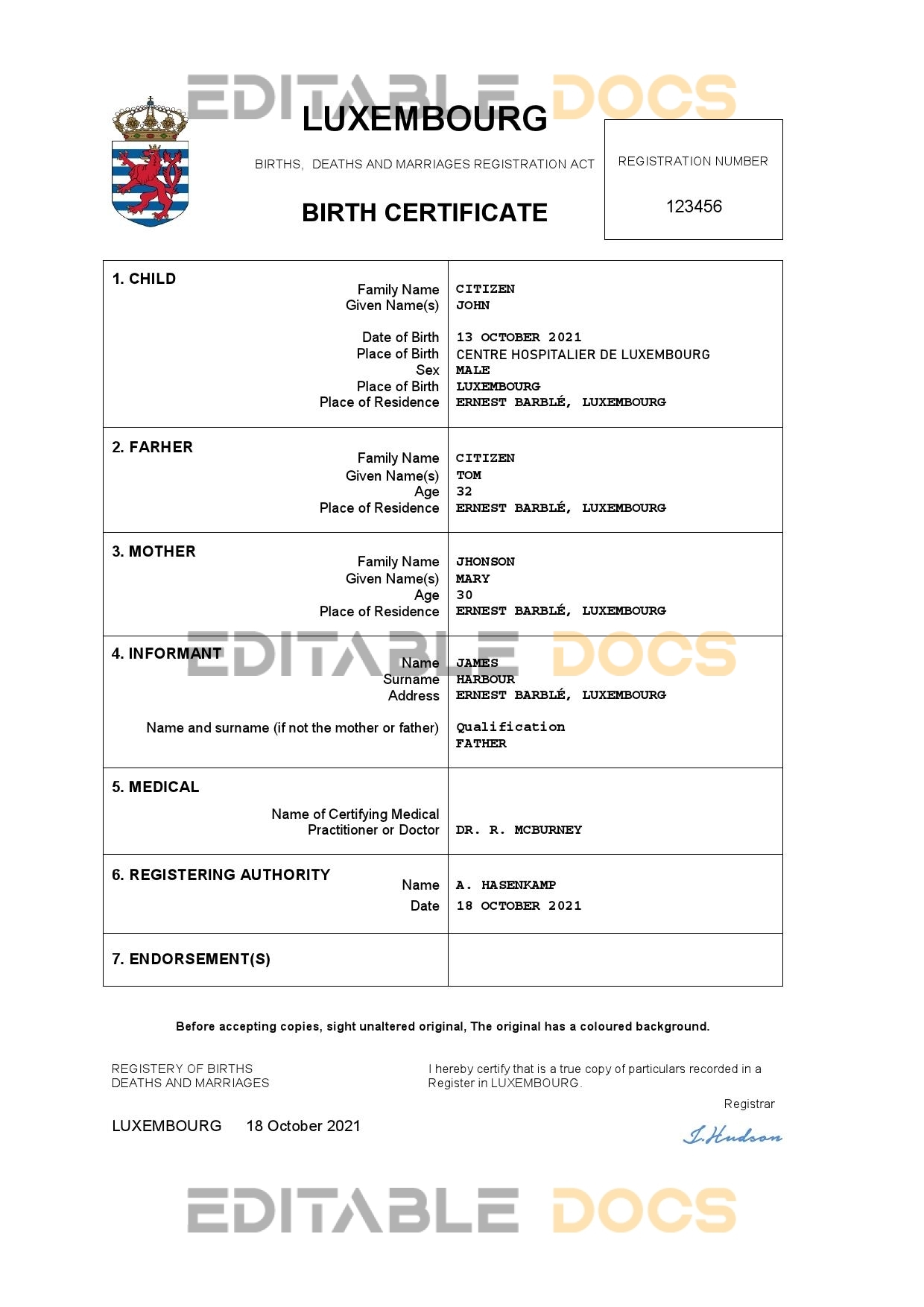Authentic Luxembourg Birth Certificate Template | Customize and Download Online
