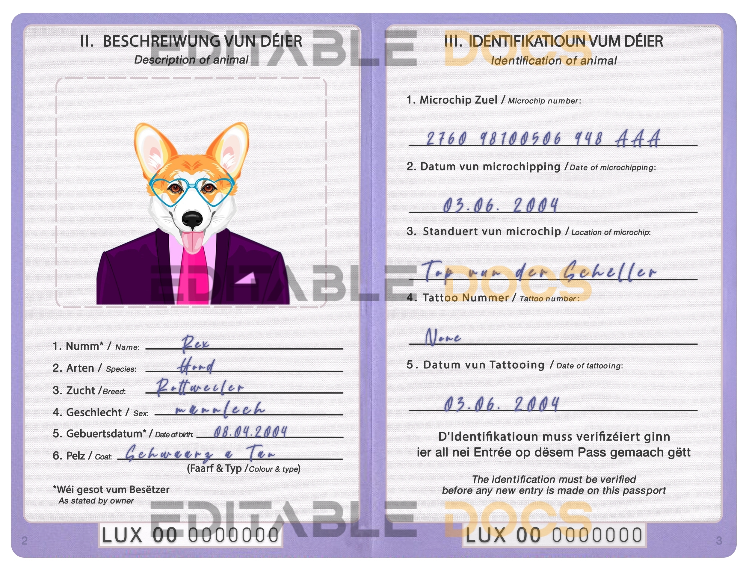 Luxembourg dog Fake PSD Passport | Instant Download