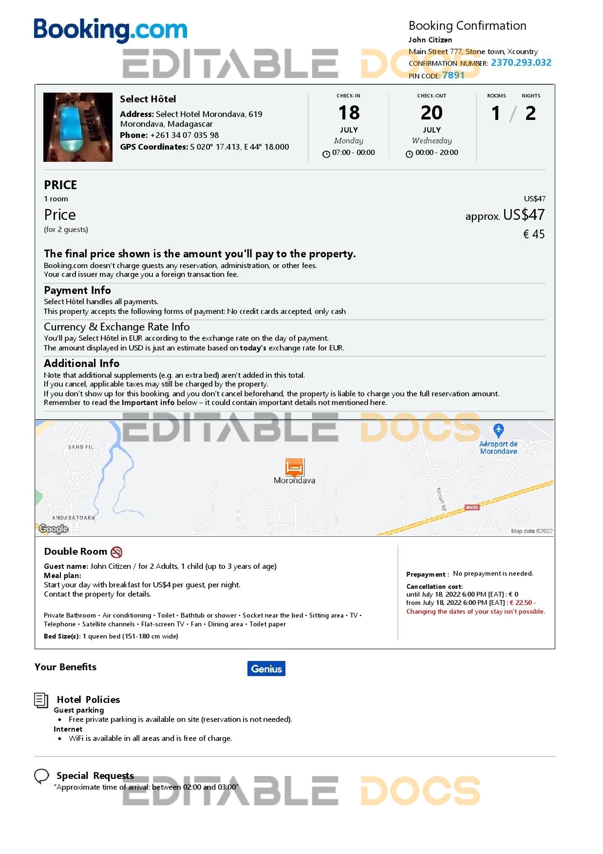 Editable Madagascar Hotel Booking Form Template | Fillable PDF