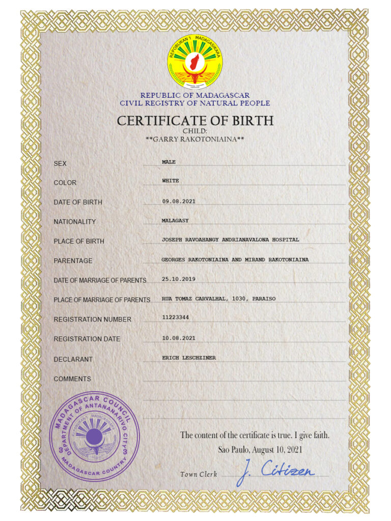 Madagascar birth certificate PSD template, completely editable