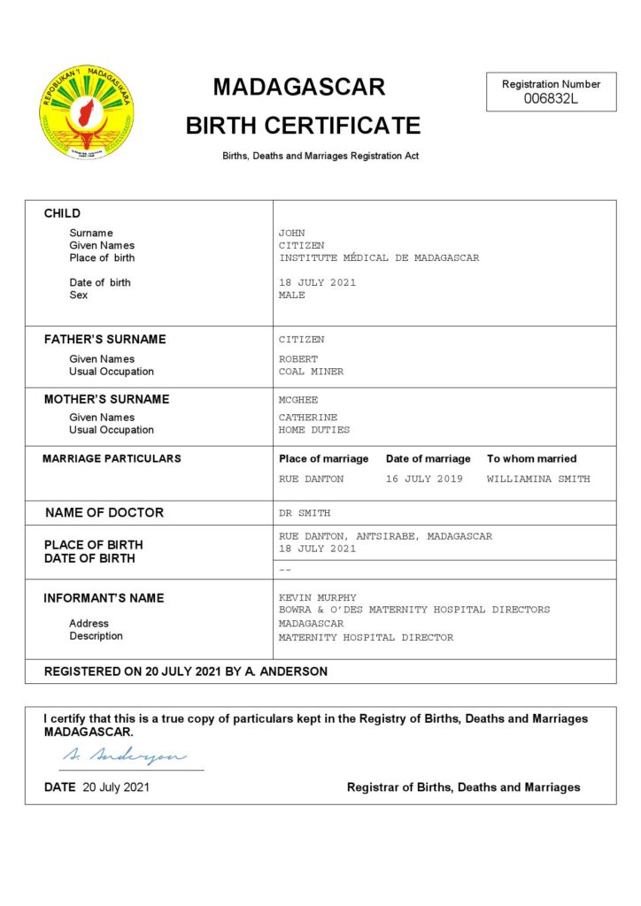 Madagascar vital record birth certificate Word and PDF template, completely editable