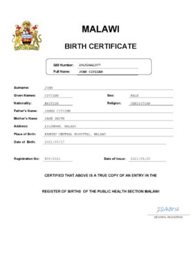 Malawi birth certificate Word and PDF template, completely editable