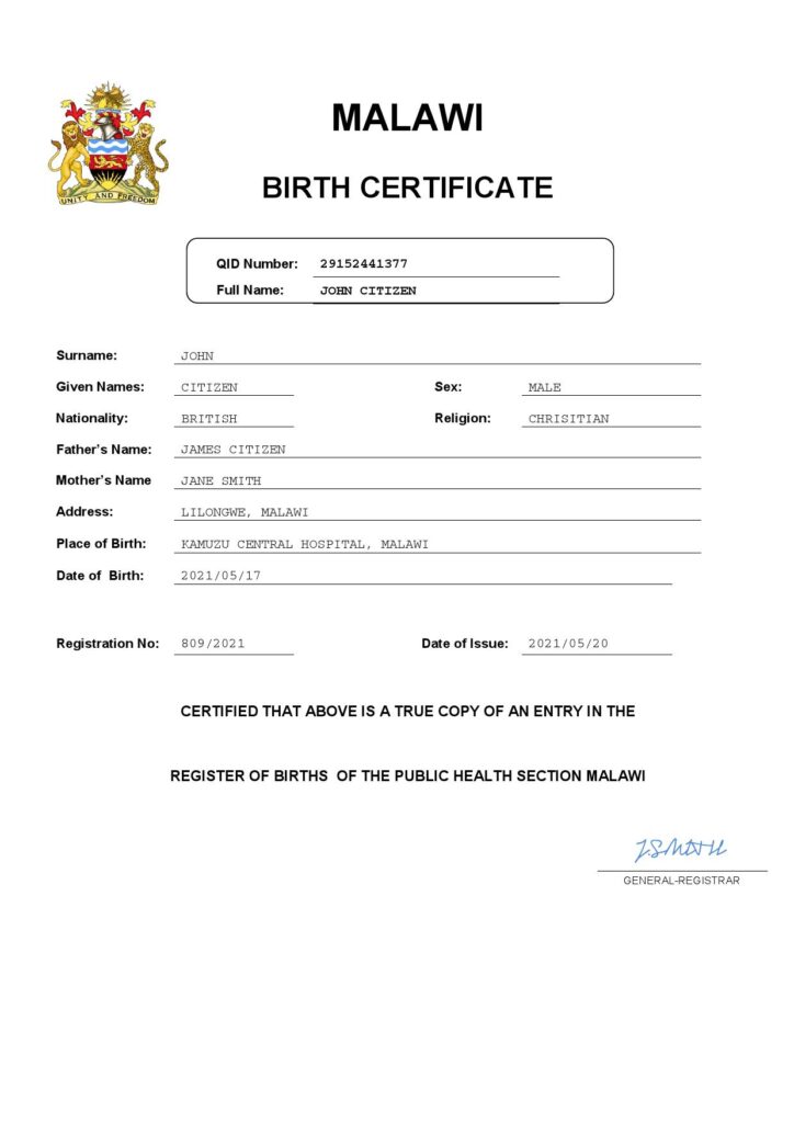 Malawi birth certificate Word and PDF template, completely editable