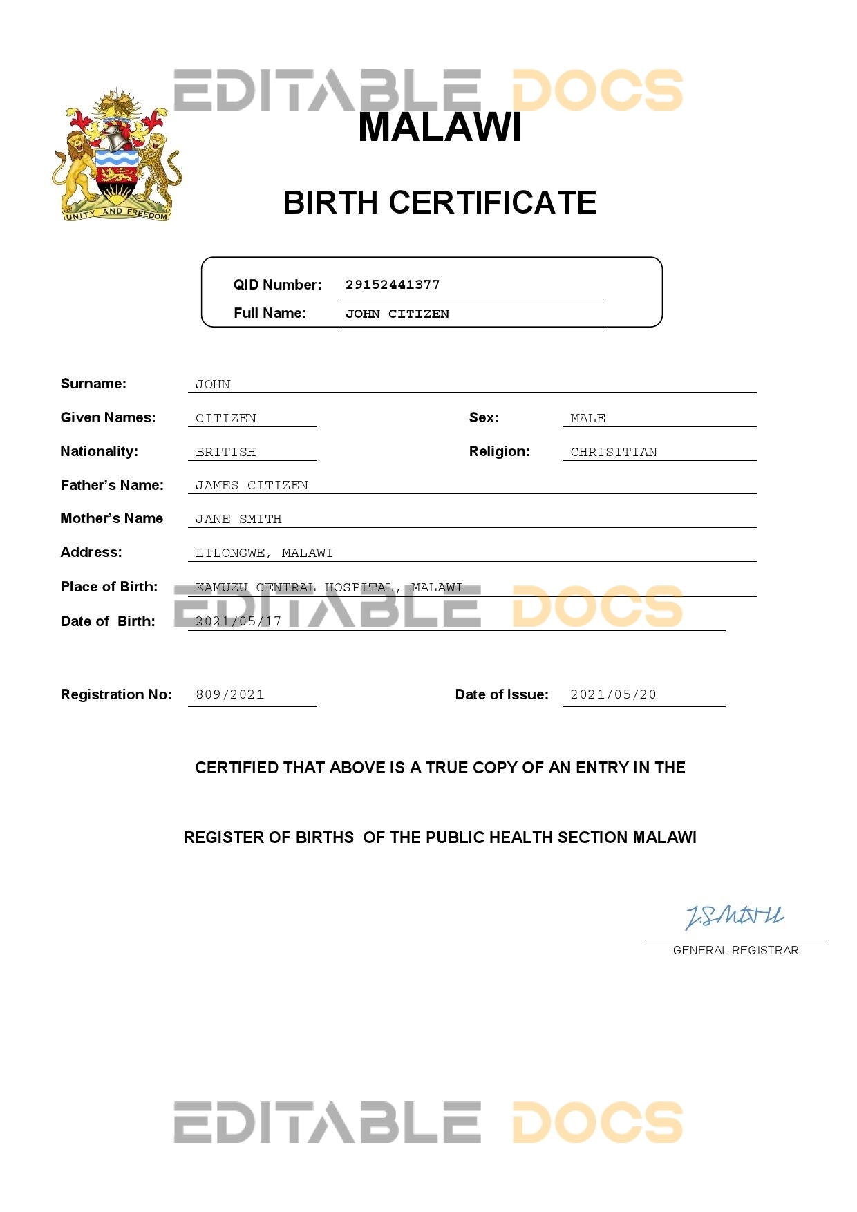 Authentic Malawi Birth Certificate Template | Customize and Download Online
