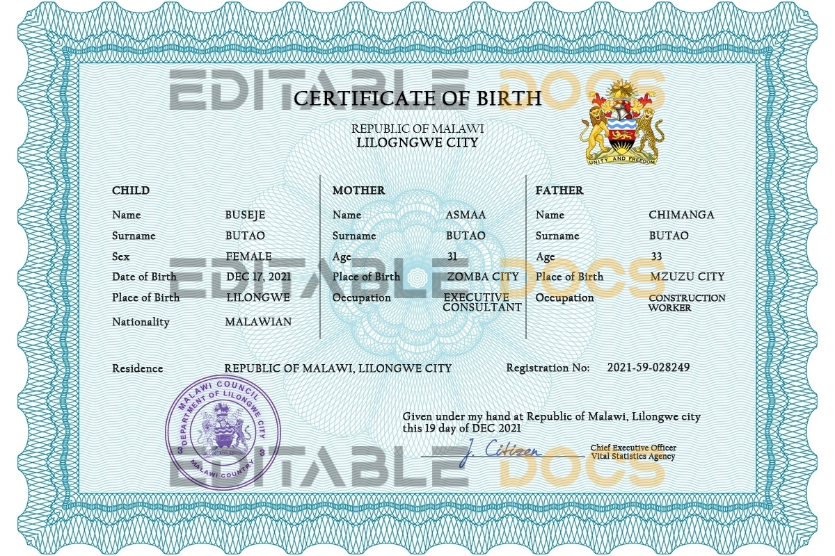 Authentic Malawi Birth Certificate Template | Customize and Download Online