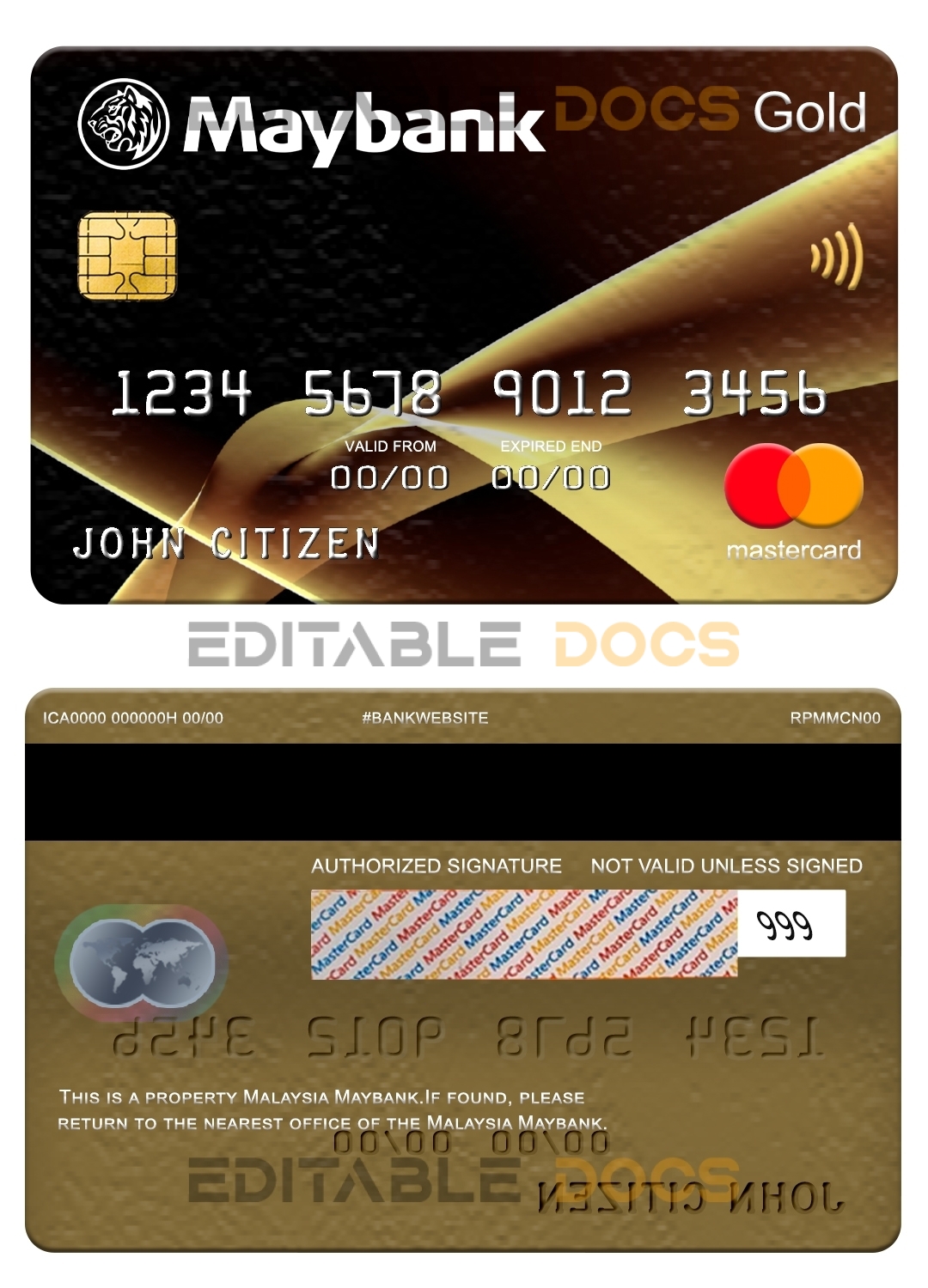 Editable Malaysia Maybank mastercard gold Templates in PSD Format