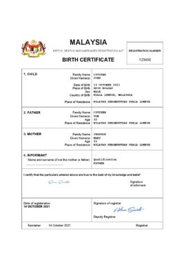 Malaysia vital record birth certificate Word and PDF template, completely editable