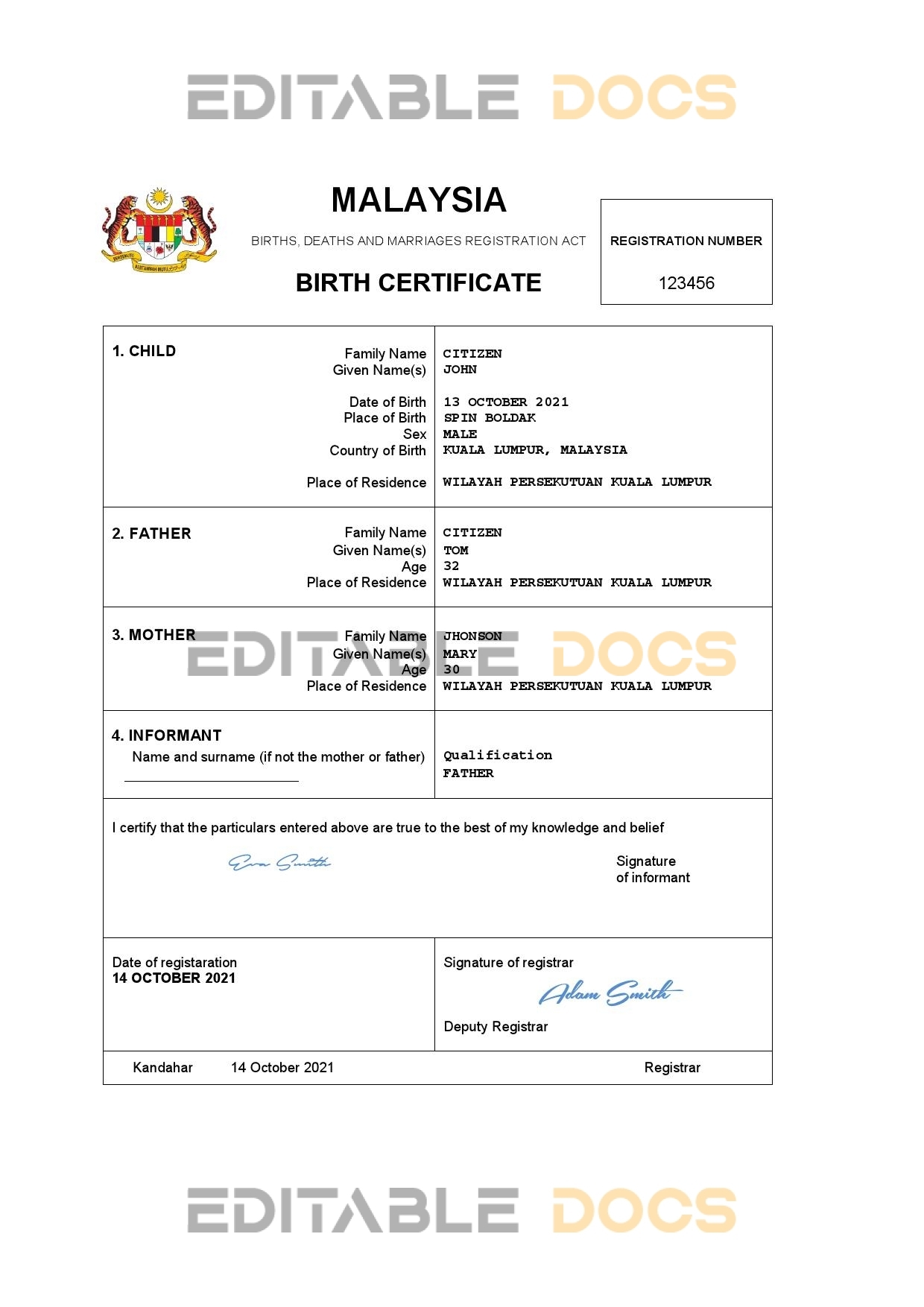Authentic Malaysia vital record Birth Certificate Template | Customize and Download Online