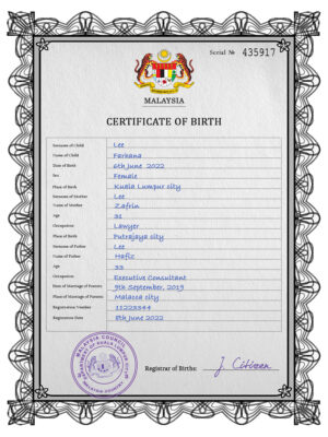 Malaysia vital record birth certificate PSD template, fully editable