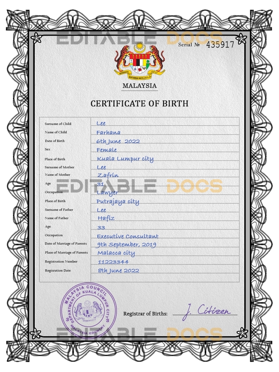 Authentic Malaysia Birth Certificate Template | Customize and Download Online