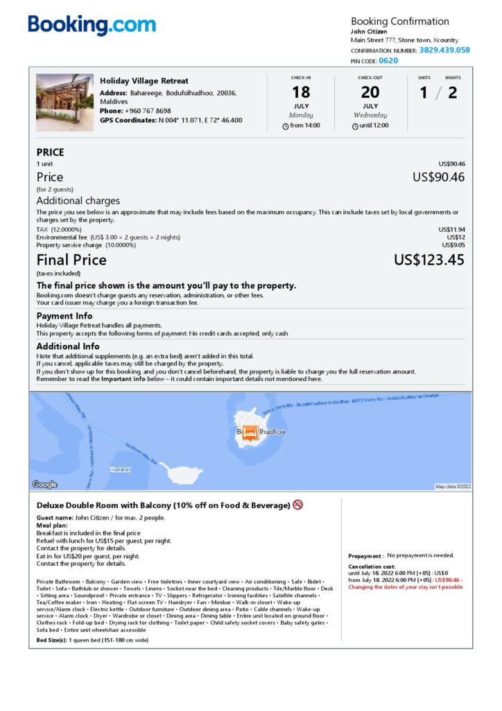 Editable Maldives Hotel Booking Form Template | Fillable PDF