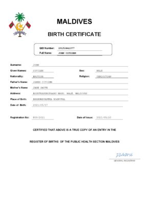 Maldives birth certificate Word and PDF template, completely editable