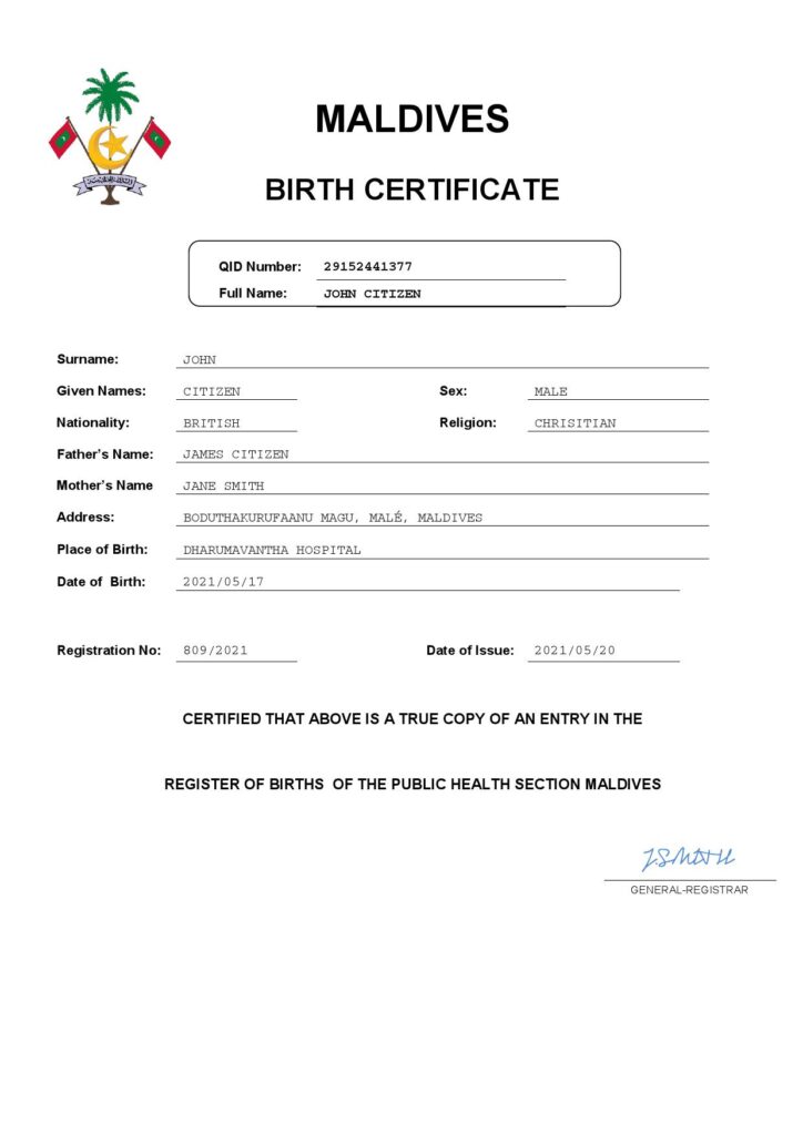 Maldives birth certificate Word and PDF template, completely editable