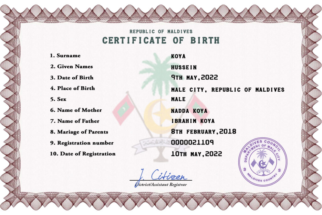 Authentic Maldives Birth Certificate Template | Customize and Download Online