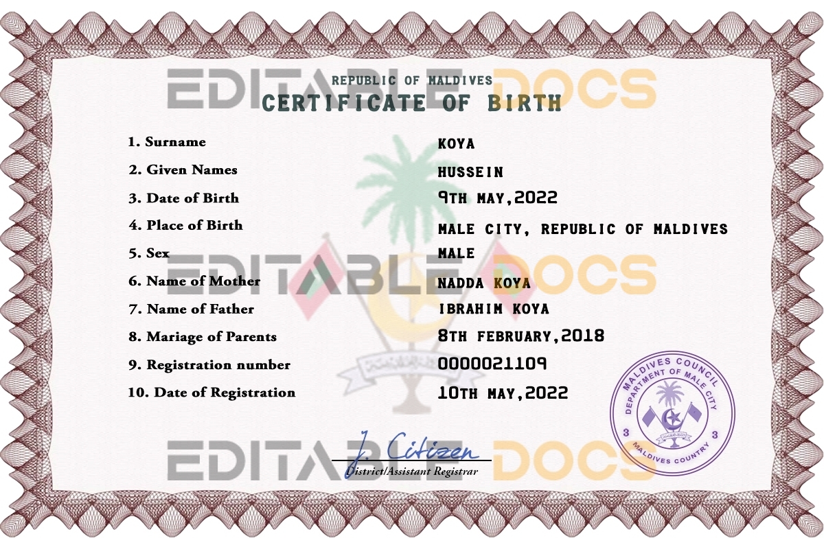 Authentic Maldives Birth Certificate Template | Customize and Download Online