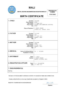 Mali vital record birth certificate Word and PDF template, completely editable