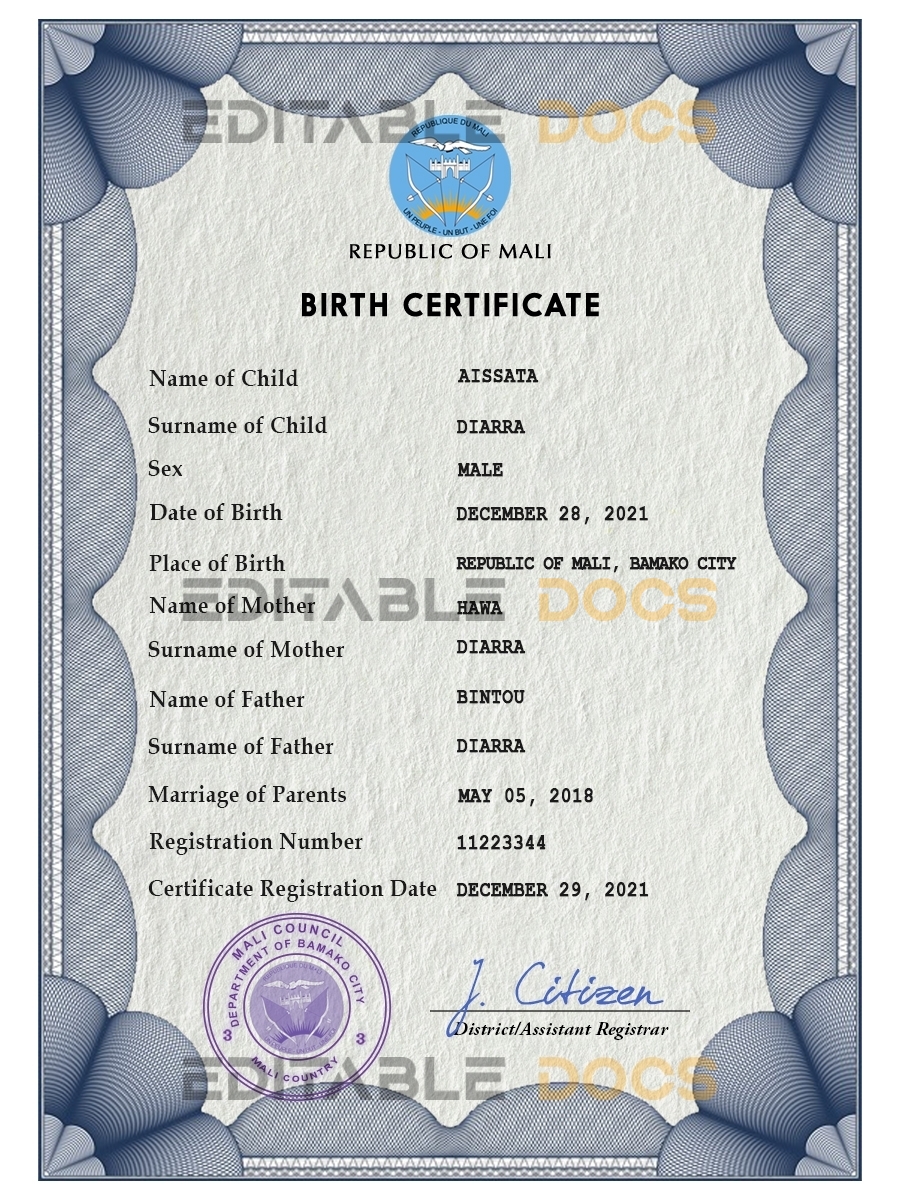 Authentic Mali Birth Certificate Template | Customize and Download Online