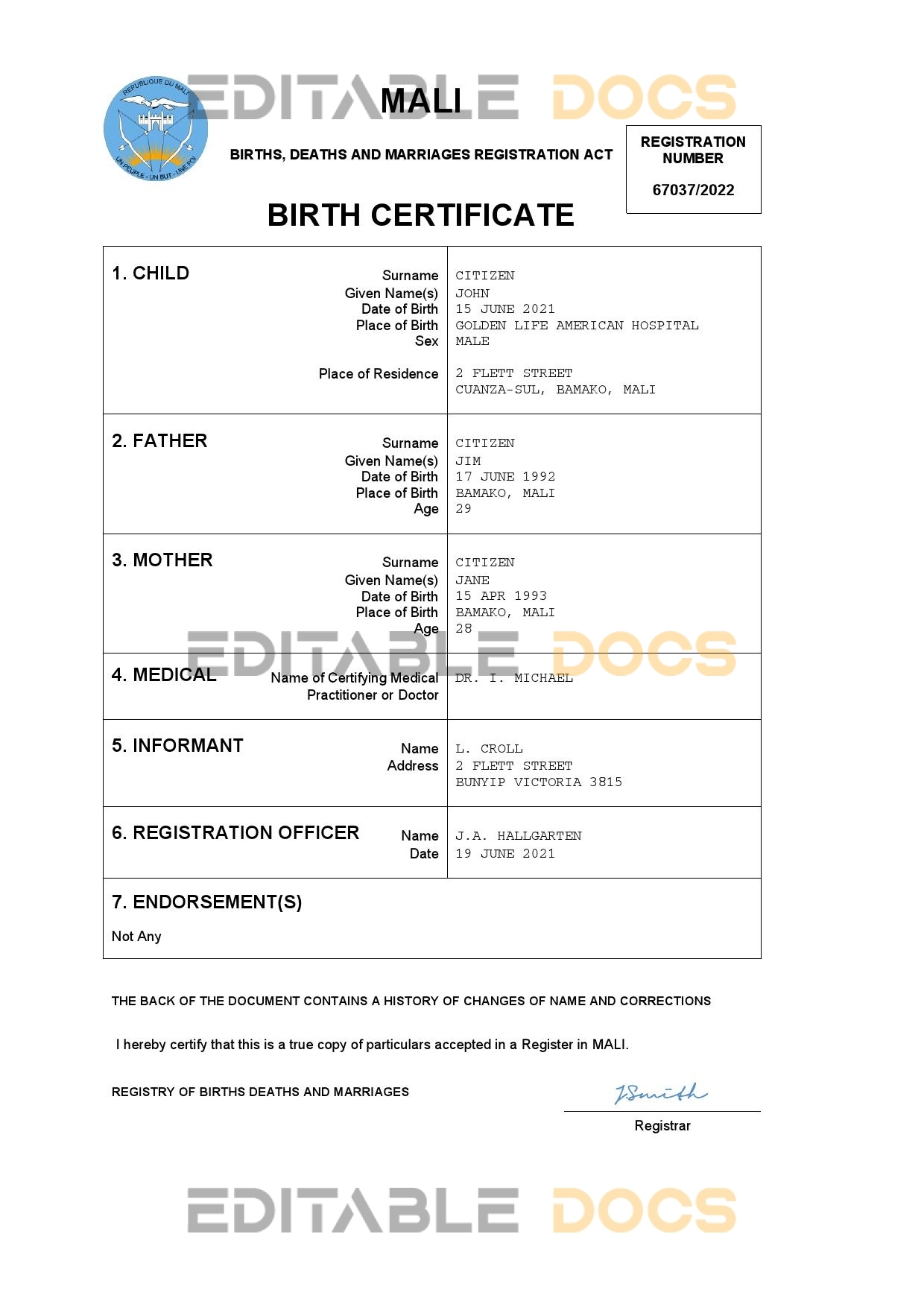 Authentic Mali Birth Certificate Template | Customize and Download Online