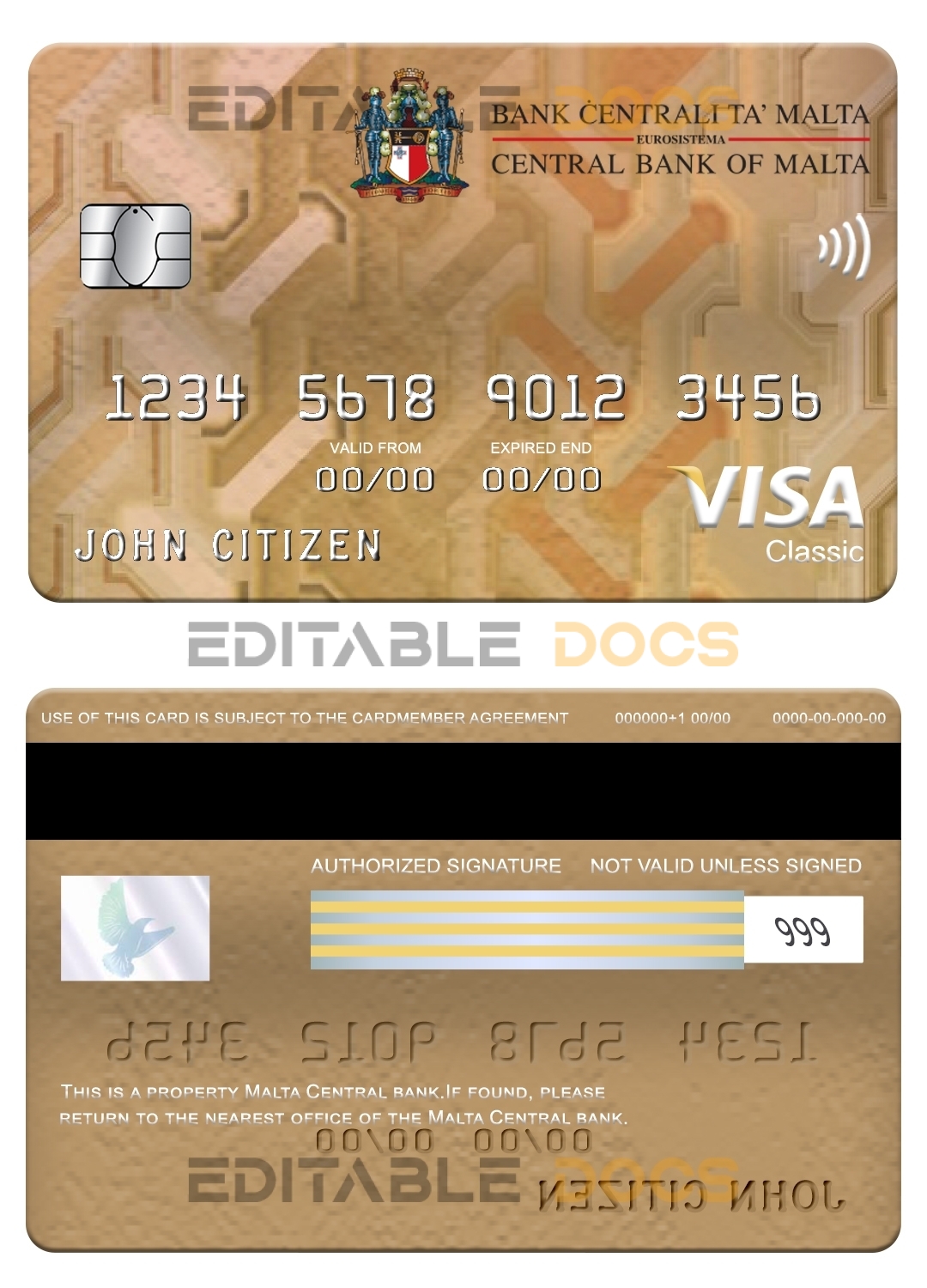 Editable Malta Central bank visa classic card Templates in PSD Format