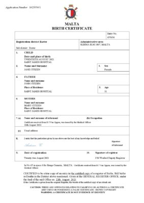 Malta birth certificate Word and PDF template, completely editable