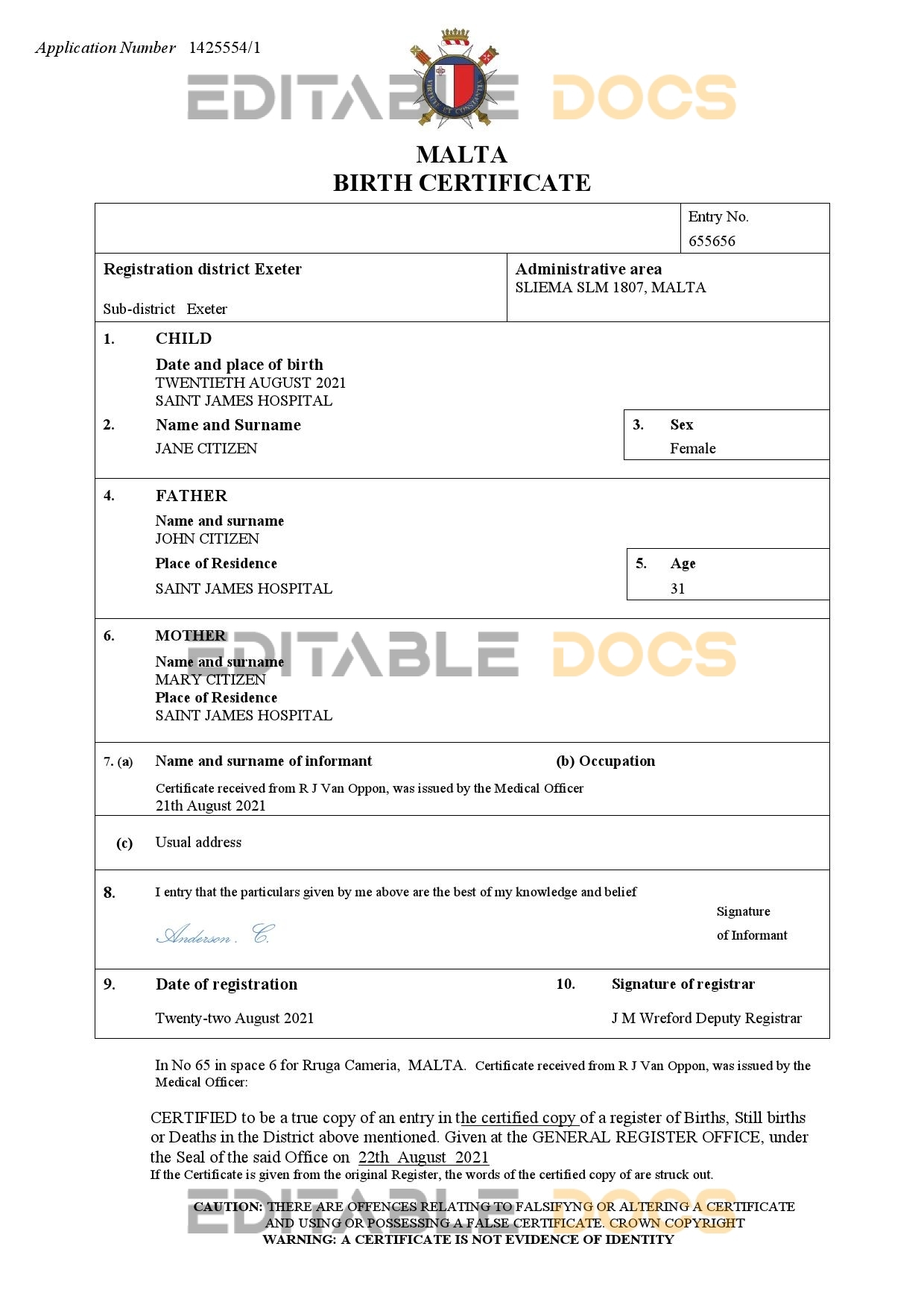 Authentic Malta Birth Certificate Template | Customize and Download Online