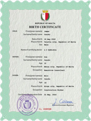 Authentic Malta Birth Certificate Template | Customize and Download Online