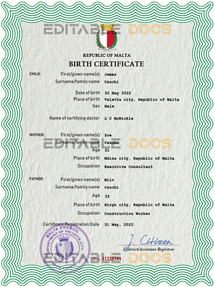 Authentic Malta Birth Certificate Template | Customize and Download Online