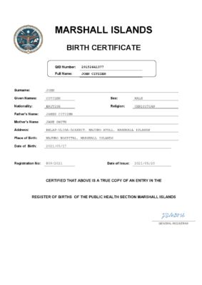 Marshall Islands vital record birth certificate Word and PDF template, completely editable