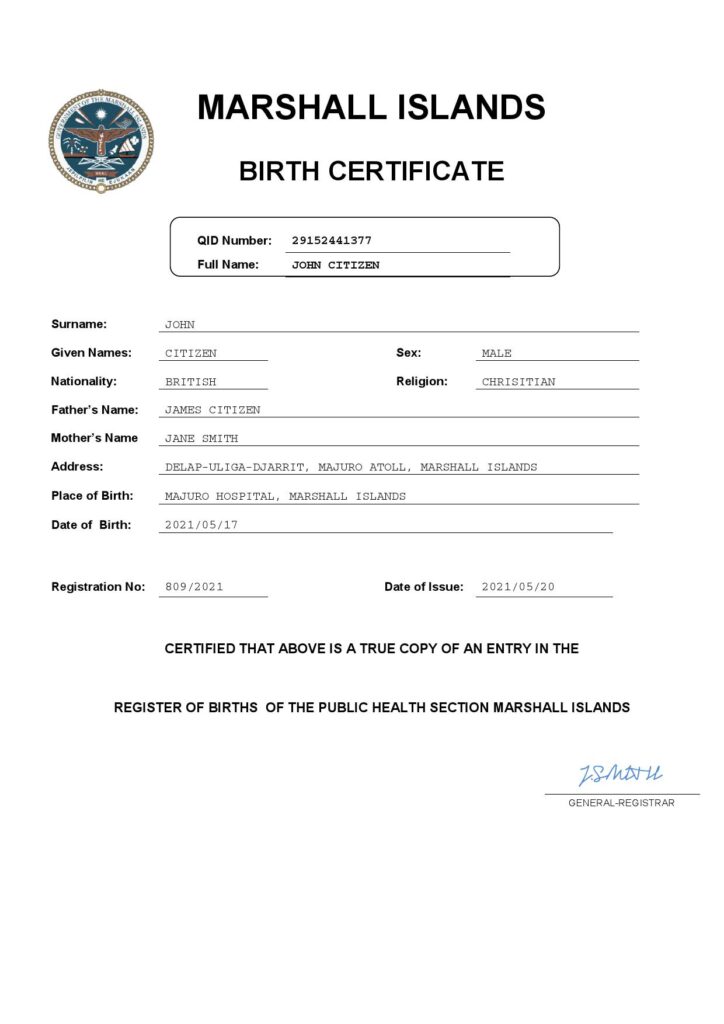 Marshall Islands vital record birth certificate Word and PDF template, completely editable