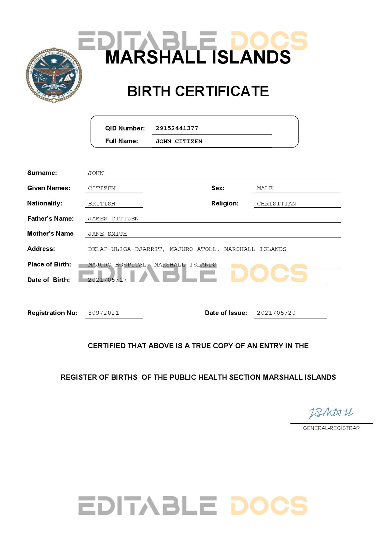 Authentic Marshall Islands Birth Certificate Template | Customize and Download Online