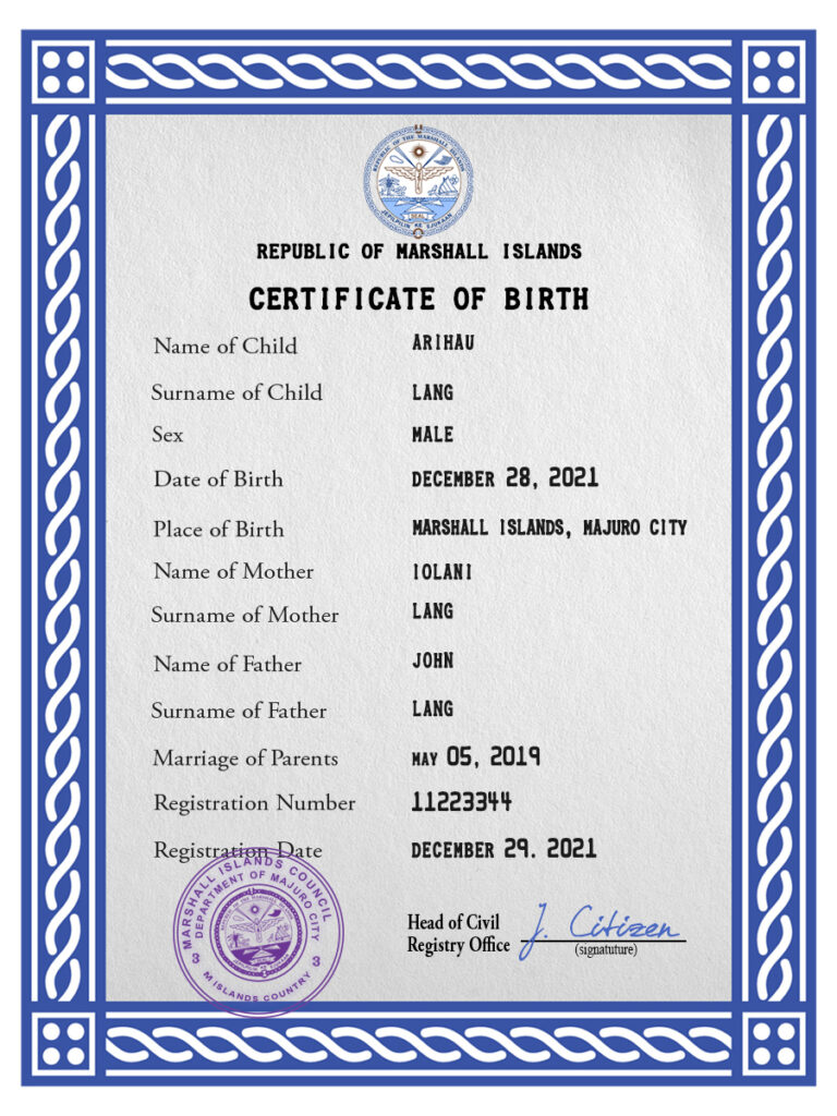 Authentic Marshall Islands Birth Certificate Template | Customize and Download Online