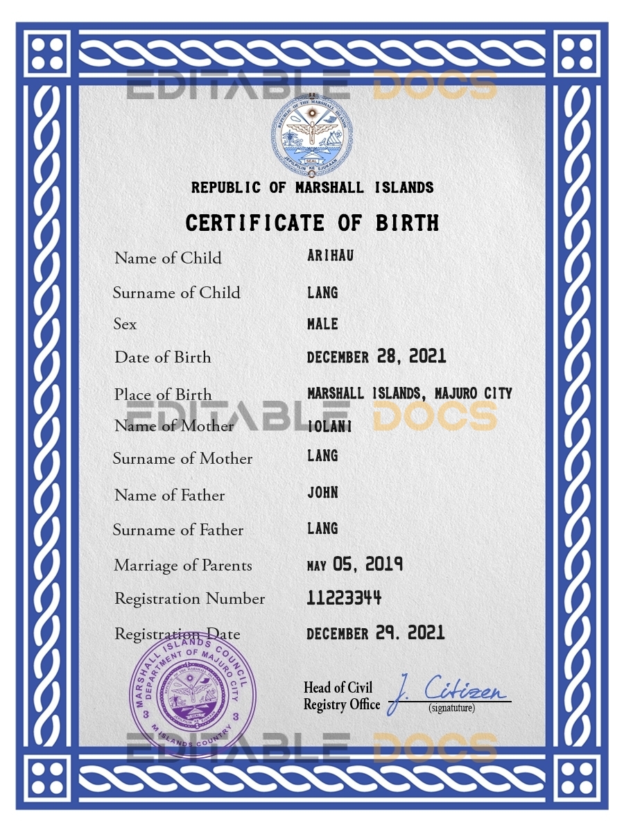Authentic Marshall Islands Birth Certificate Template | Customize and Download Online