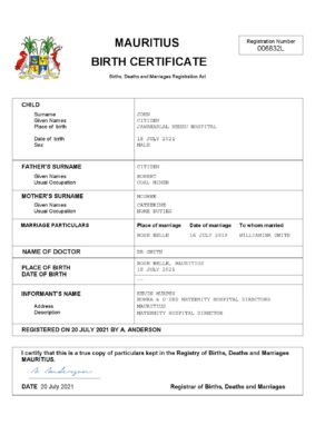 Mauritius vital record birth certificate Word and PDF template, completely editable