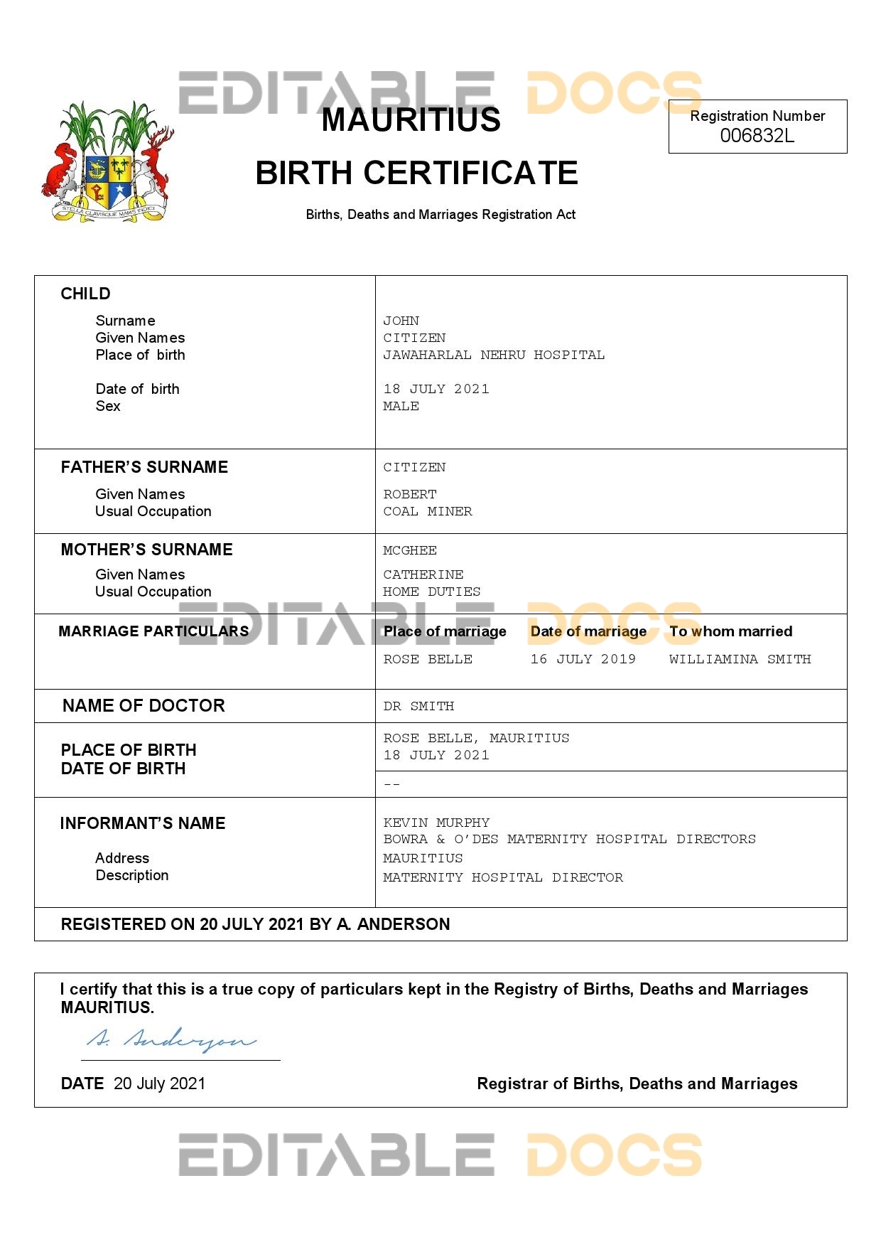 Authentic Mauritius Birth Certificate Template | Customize and Download Online