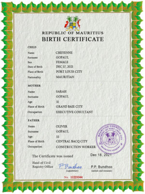 Mauritius vital record birth certificate PSD template