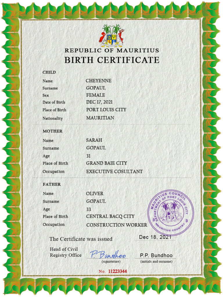 Mauritius vital record birth certificate PSD template