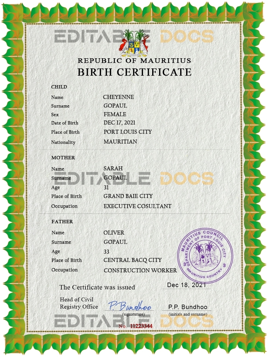 Authentic Mauritius Birth Certificate Template | Customize and Download Online