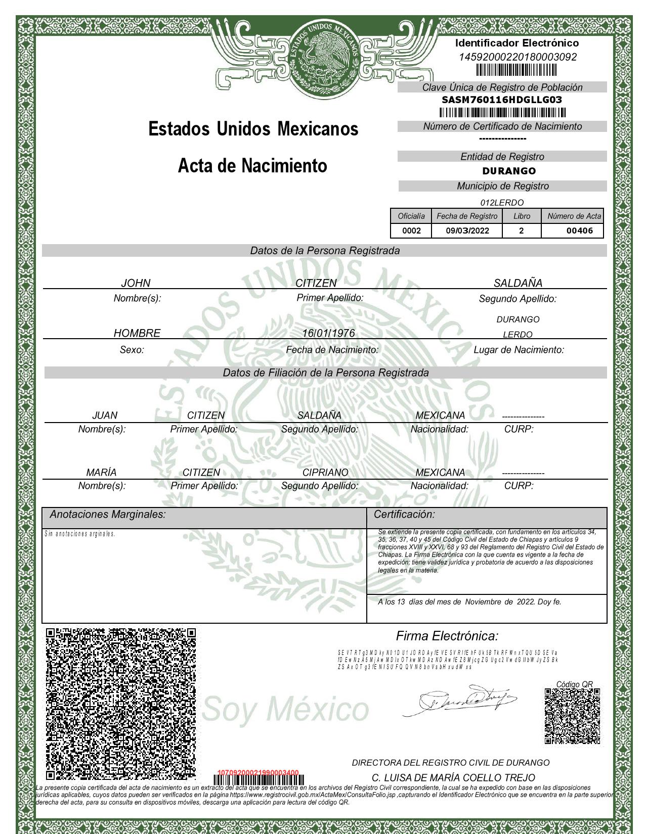 Authentic Mexico Birth Certificate Template | Customize and Download Online