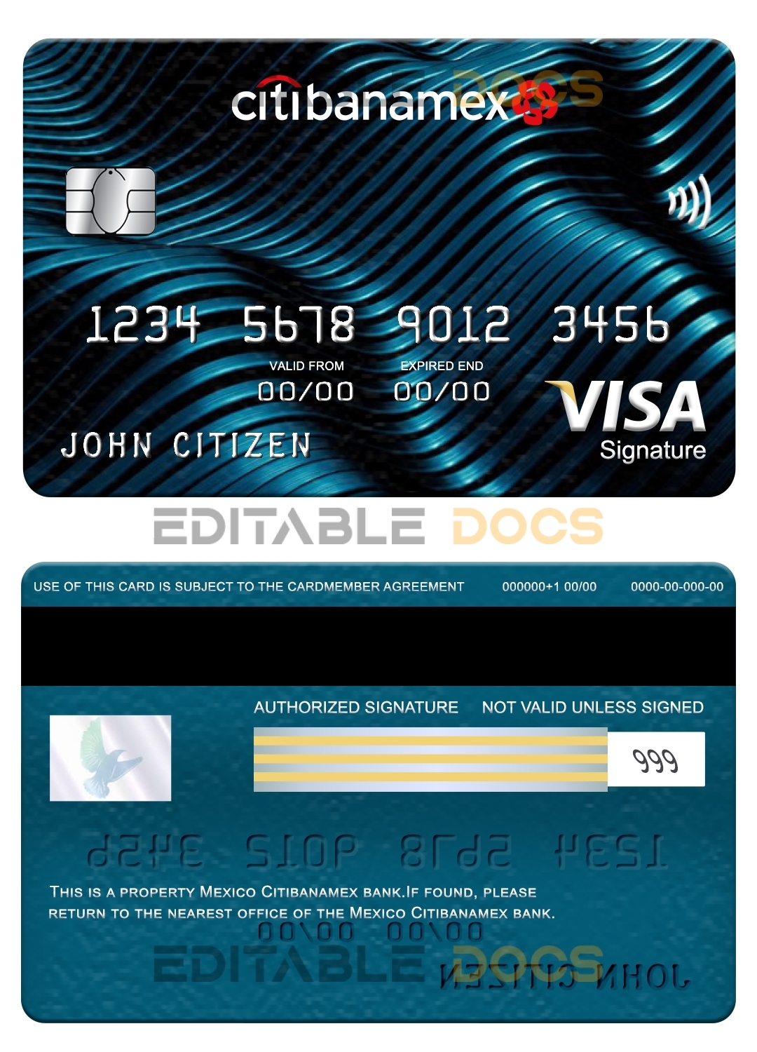 Editable Mexico Citibanamex bank visa signature card Templates in PSD Format