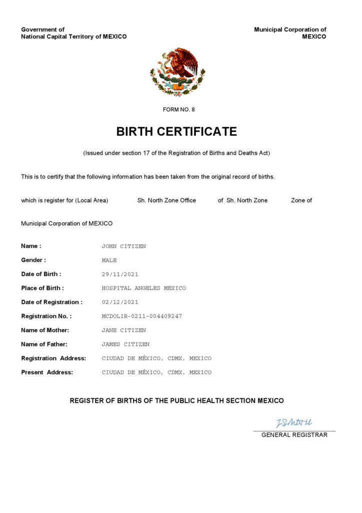 Mexico birth certificate Word and PDF template, fully editable