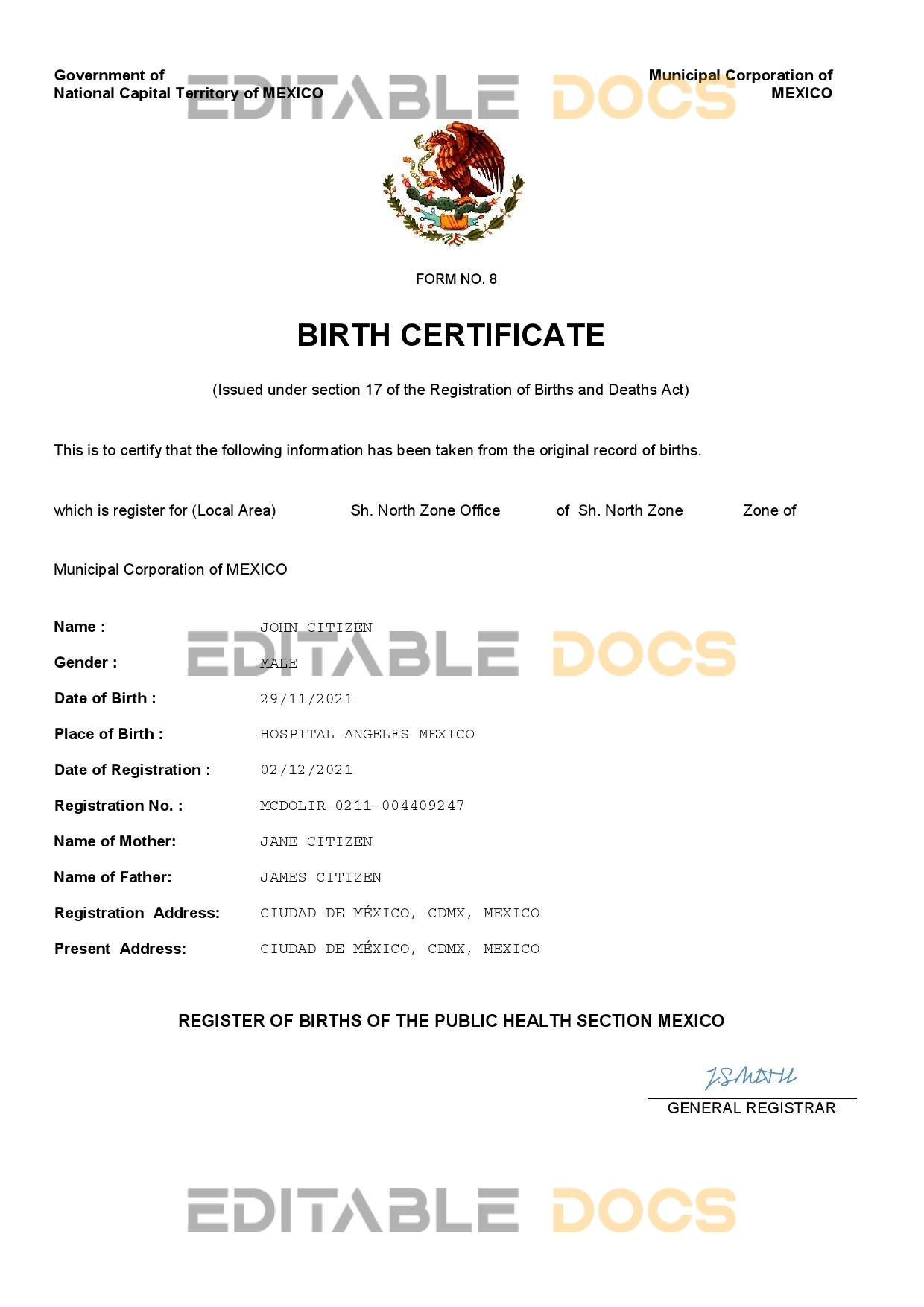 Authentic Mexico Birth Certificate Template | Customize and Download Online
