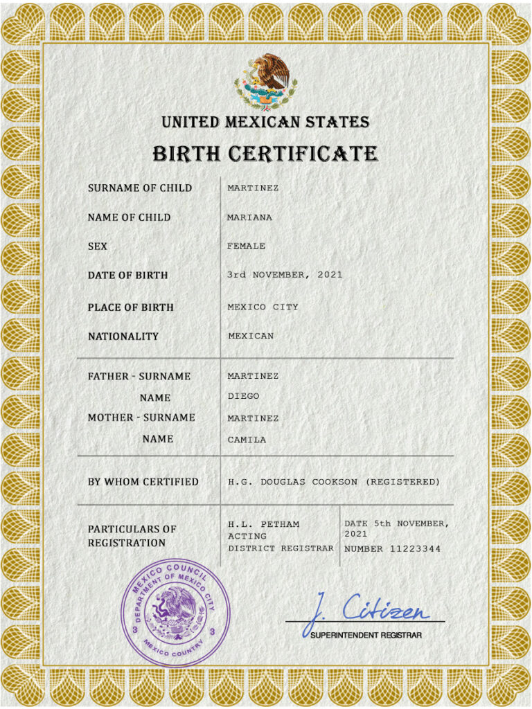 Mexico vital record birth certificate PSD template, fully editable