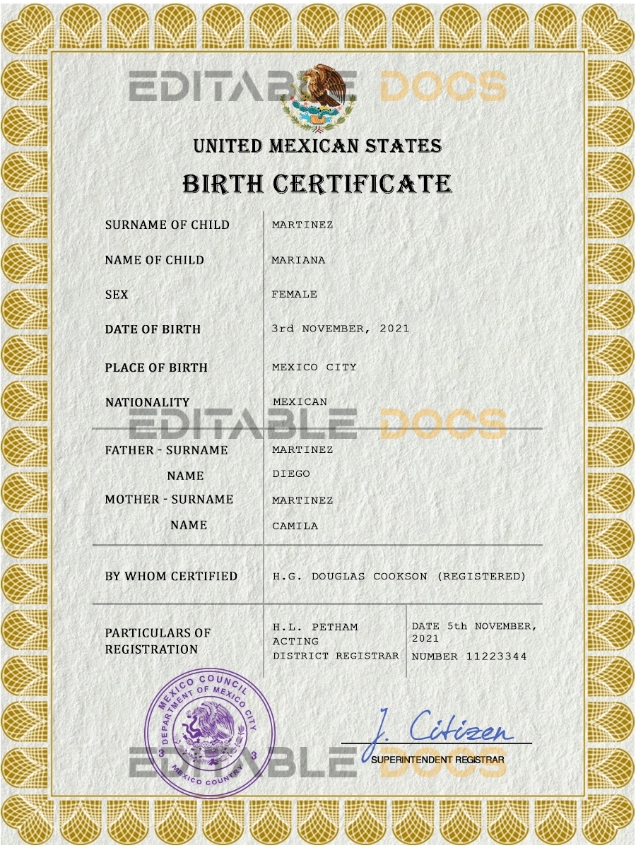 Authentic Mexico Birth Certificate Template | Customize and Download Online