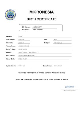 Micronesia vital record birth certificate Word and PDF template, completely editable