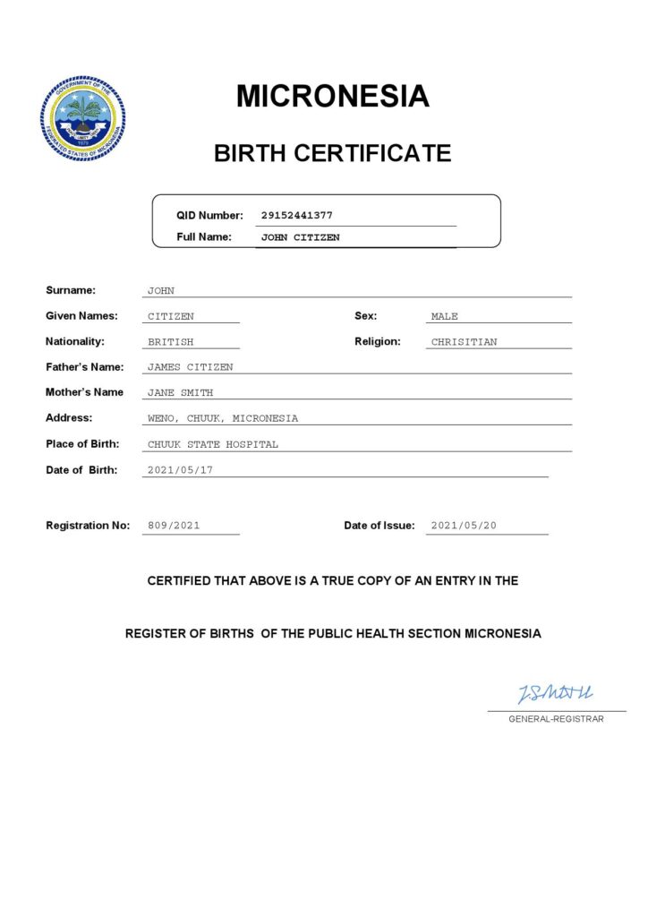 Micronesia vital record birth certificate Word and PDF template, completely editable