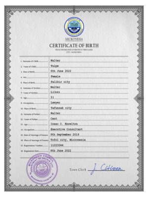Micronesia birth certificate PSD template, completely editable