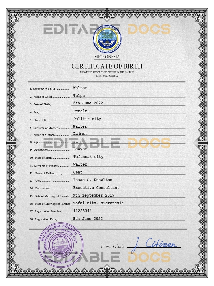Authentic Micronesia Birth Certificate Template | Customize and Download Online