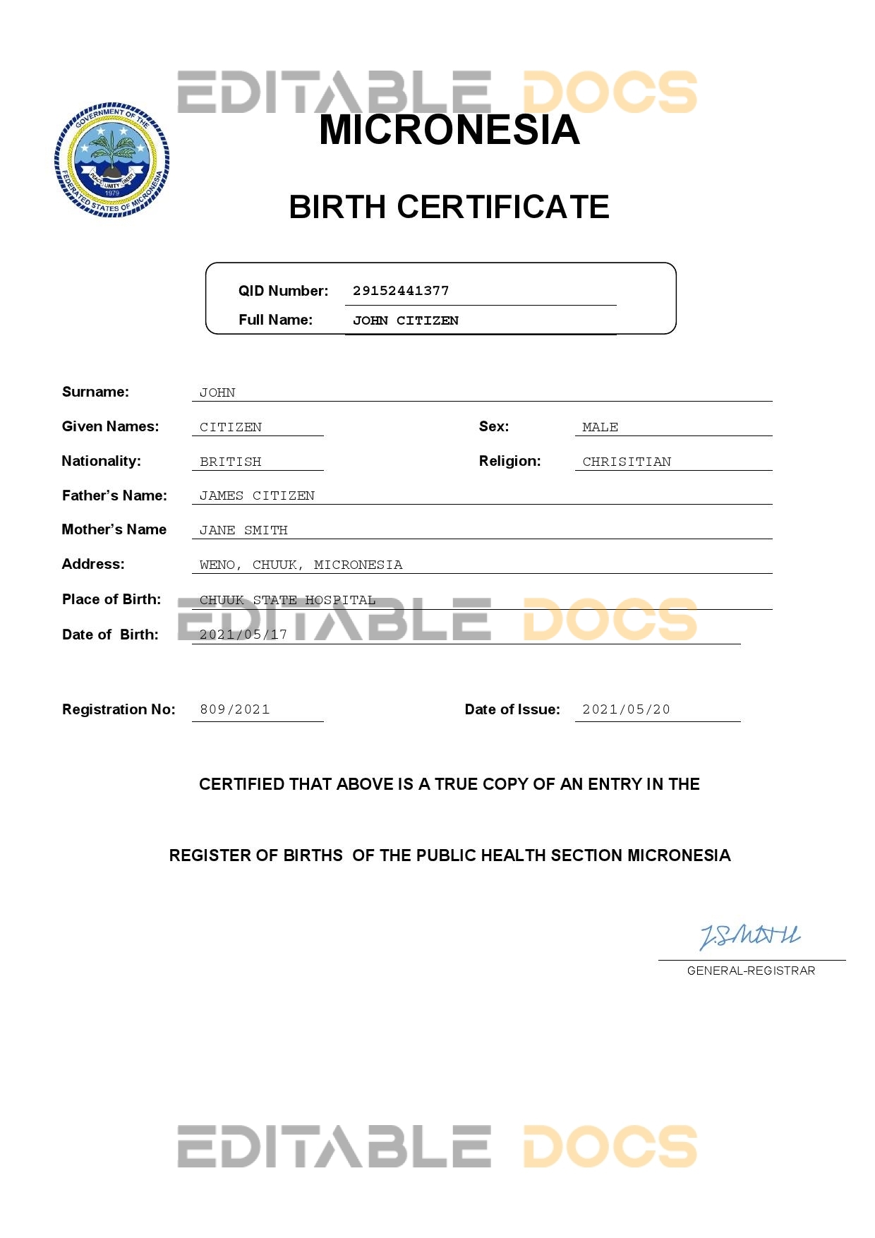 Authentic Micronesia Birth Certificate Template | Customize and Download Online