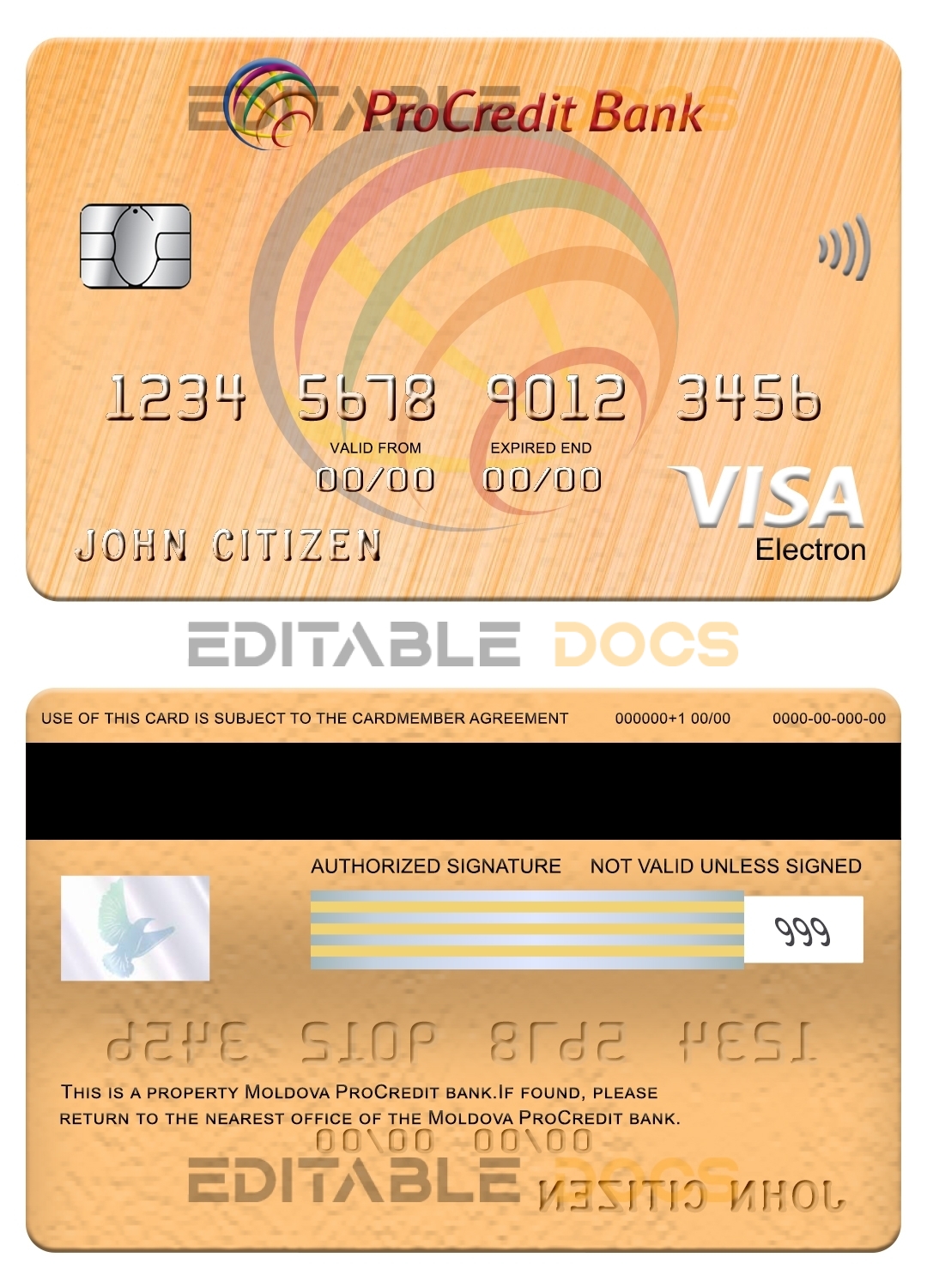Editable Moldova Procredit bank visa electron card Templates in PSD Format